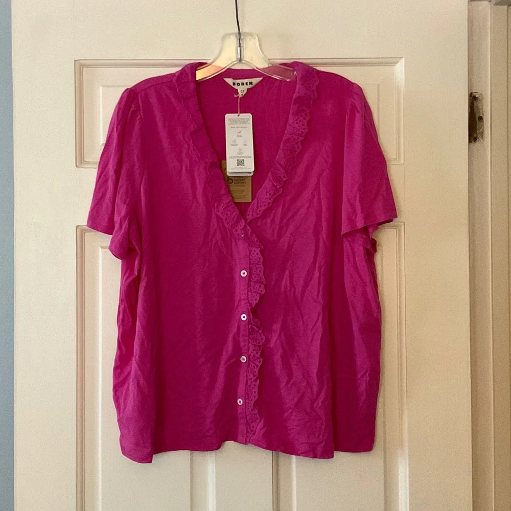 Boden Broderie V-Neck Top Blouse Shirt Pink US 14 NEW ruffle preppy work weekend